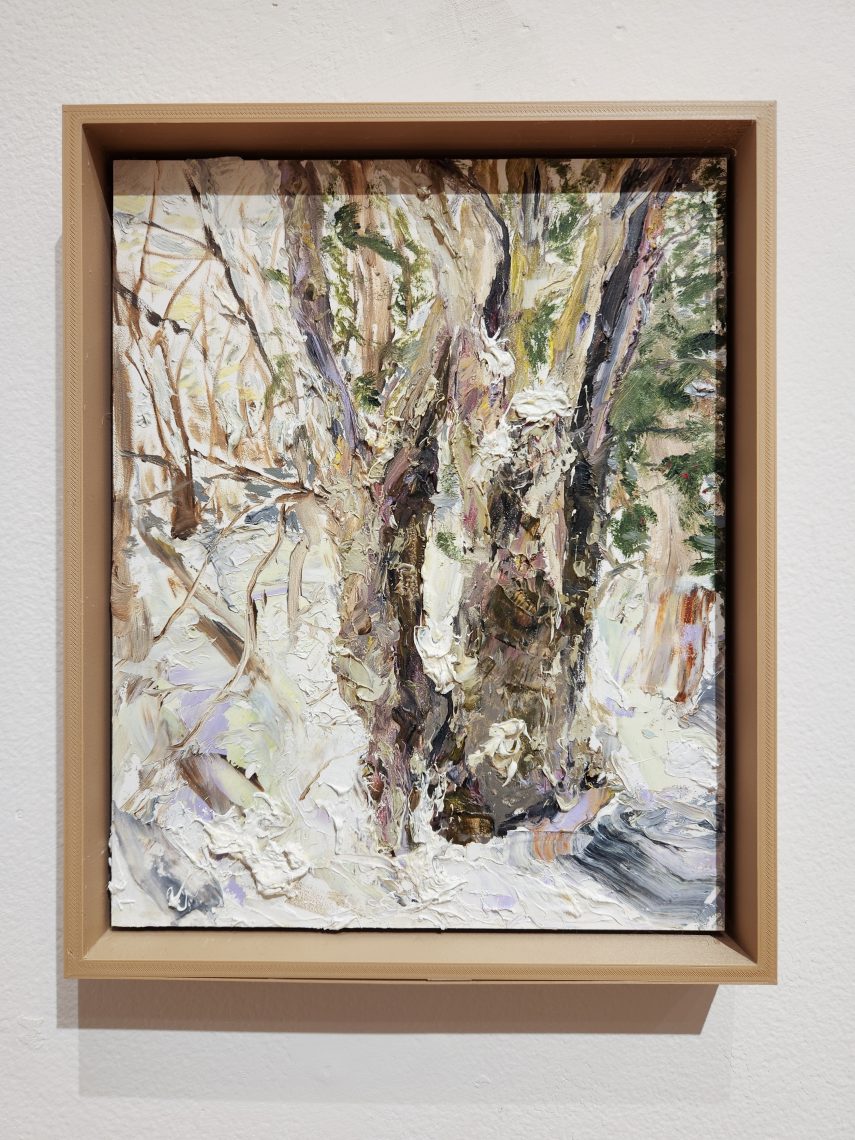 Kristin Golden "December Trees, South Portland, Maine," 2021. Oil paint, 9 ¾ in. x 11 ¾ in. Part of the "2023 Bachelor of Fine Arts and Bachelor of Arts Exhibition," University of Southern Maine Art Gallery.