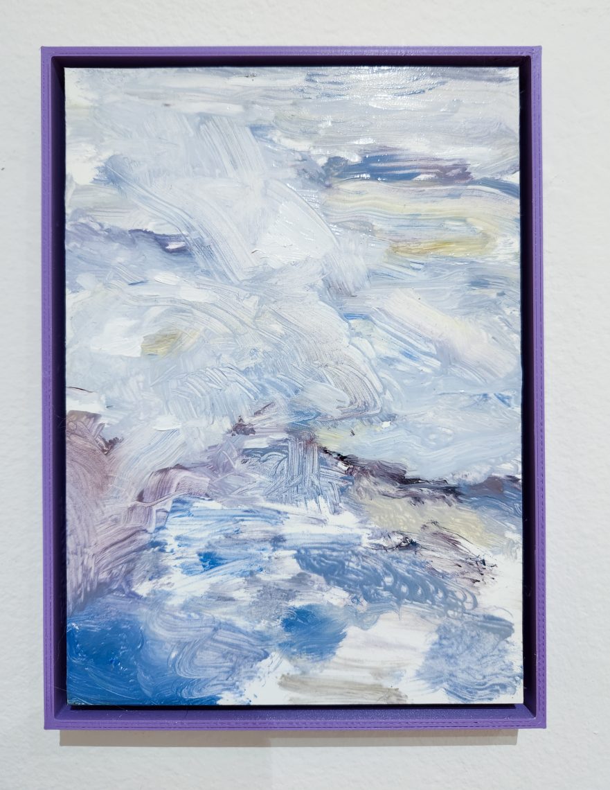 Kristin Golden "Fore River Étude, February, II," 2023. Oil paint, 5 ½ in. x 7 ½ in. Part of the "2023 Bachelor of Fine Arts and Bachelor of Arts Exhibition," University of Southern Maine Art Gallery.
