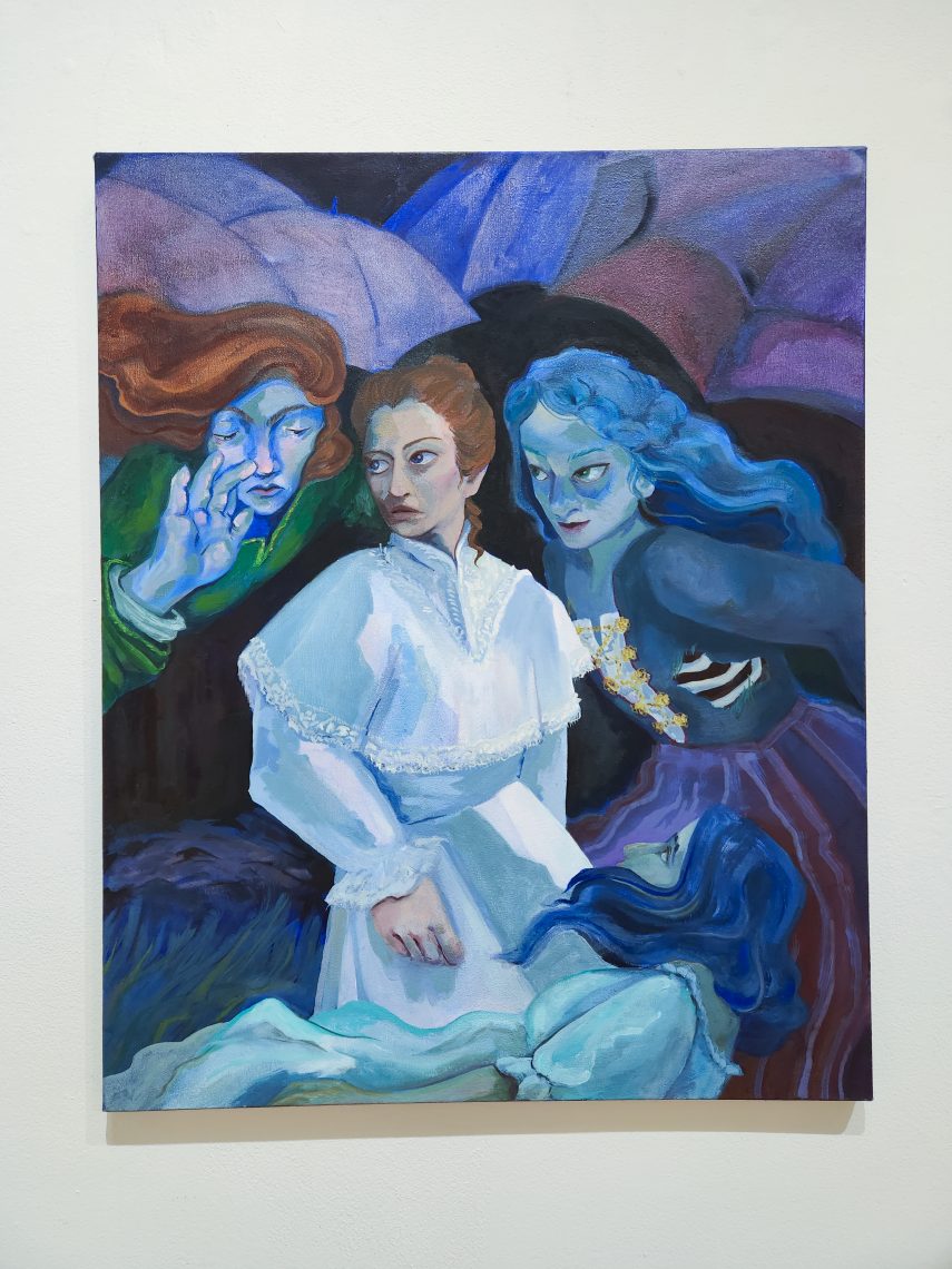 Anna Bruner "Ghosts often accompany Funerals", 2023. Oil on canvas 24 x 30 in. Part of the "2023 Bachelor of Fine Arts and Bachelor of Arts Exhibition," University of Southern Maine Art Gallery.