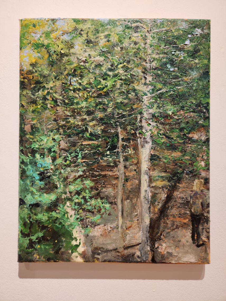 Kristin Golden "Holly, Pine, Sycamore, Poplar, Kim," 2021. Oil paint, 14 in. x 18 in. Part of the "2023 Bachelor of Fine Arts and Bachelor of Arts Exhibition," University of Southern Maine Art Gallery.