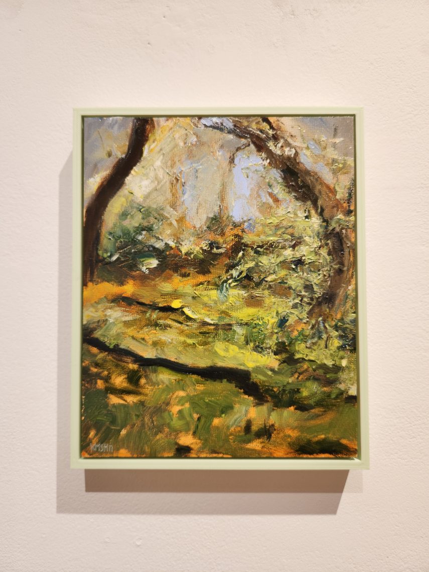 Kristin Golden "July Trees, South Portland, Maine," 2022. Oil paint, 9 ¾ in. x 11 ¾ in. Part of the "2023 Bachelor of Fine Arts and Bachelor of Arts Exhibition," University of Southern Maine Art Gallery.