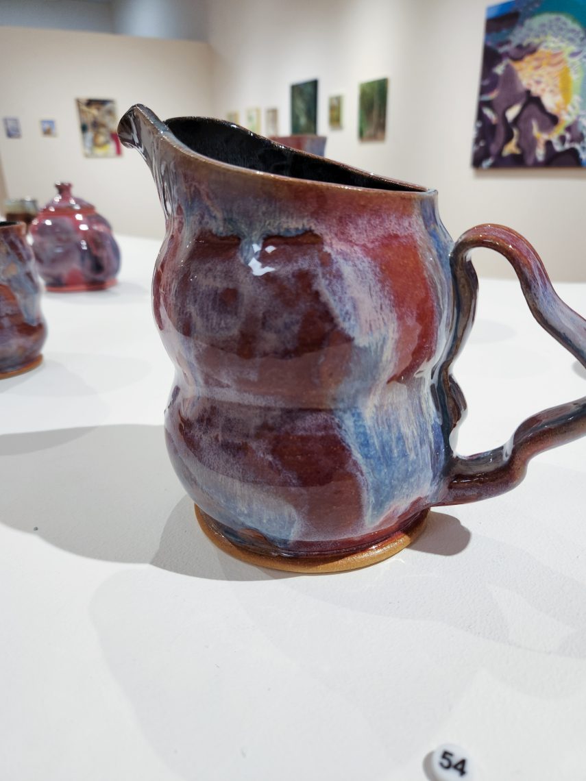 Annika Soderberg "Pitcher" 2023. Stoneware, 8in. long x 5 1/2in. wide x 7in tall. Part of the "2023 Bachelor of Fine Arts and Bachelor of Arts Exhibition," University of Southern Maine Art Gallery.