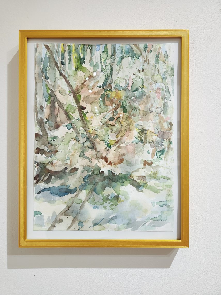 Kristin Golden "Presumpscot River Forest ," 2022. Watercolor, 11 ¾ in. x 13 ¾ in. Part of the "2023 Bachelor of Fine Arts and Bachelor of Arts Exhibition," University of Southern Maine Art Gallery.
