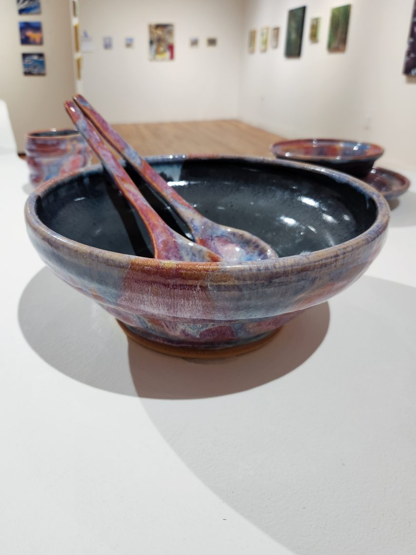 Annika Soderberg "Salad Bowl" 2023. Stoneware, 10in. long x 10in. wide x 4 1/2in high. Part of the "2023 Bachelor of Fine Arts and Bachelor of Arts Exhibition," University of Southern Maine Art Gallery.