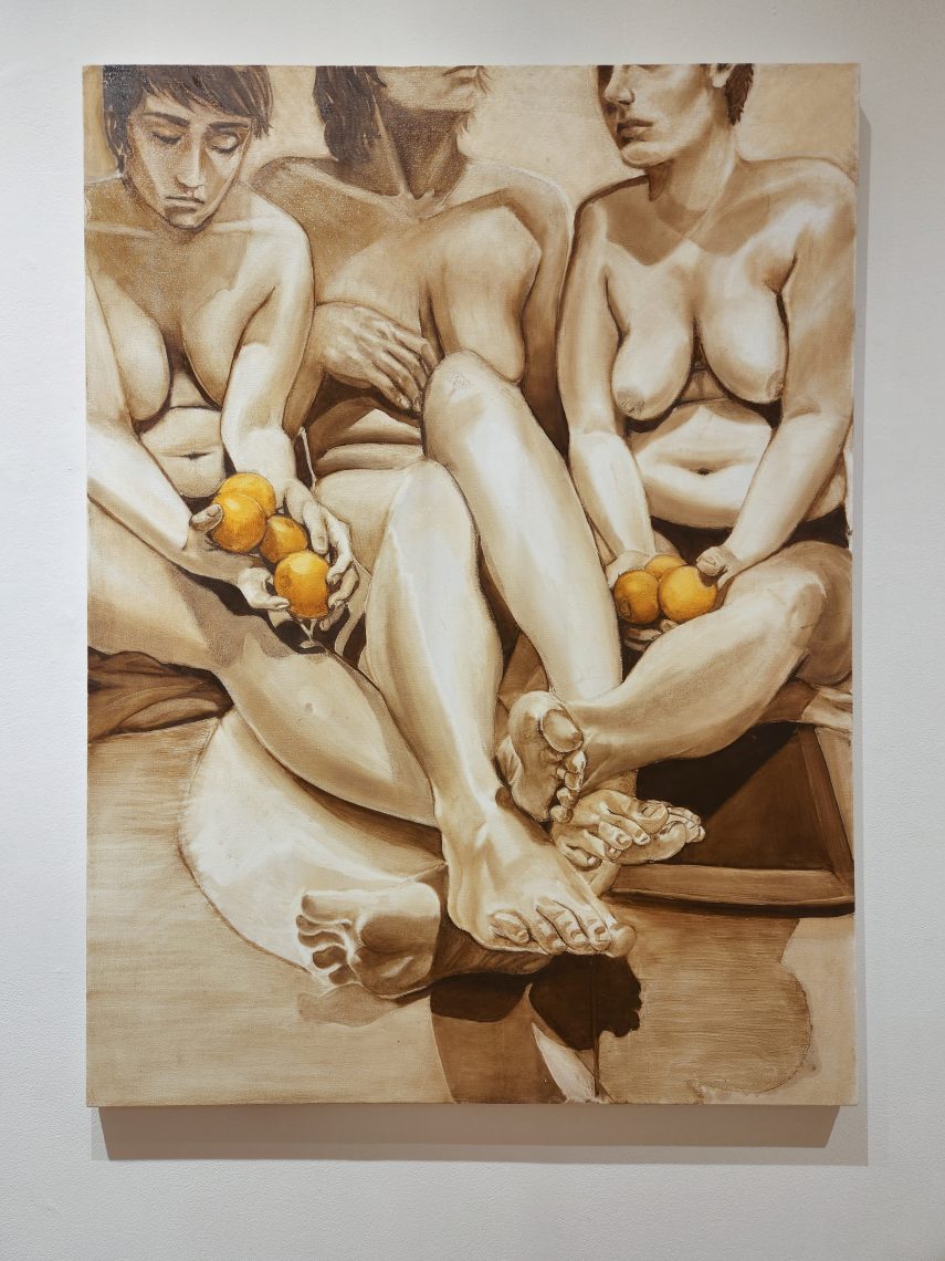 Rose DiMuzio "Shared, part of Marmalade series," 2023. Soft pastel on canvas 36 x 48 in. Part of the "2023 Bachelor of Fine Arts and Bachelor of Arts Exhibition," University of Southern Maine Art Gallery.