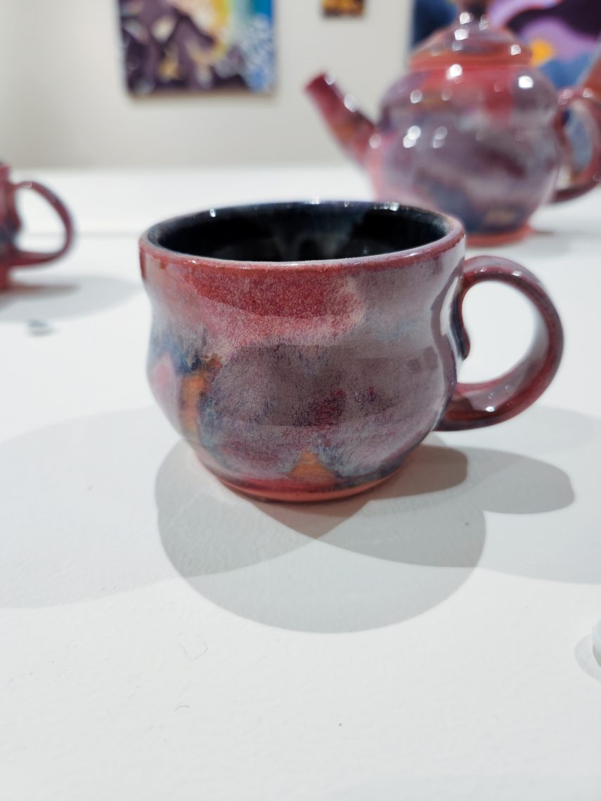 Annika Soderberg "Teacup I" 2023. Stoneware, 4in. long x 3in. wide x 3in high. Part of the "2023 Bachelor of Fine Arts and Bachelor of Arts Exhibition," University of Southern Maine Art Gallery.