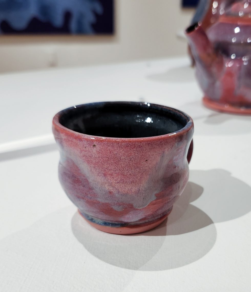 Annika Soderberg "Teacup II" 2023. Stoneware, 4in. long x 3in. wide x 2in high. Part of the "2023 Bachelor of Fine Arts and Bachelor of Arts Exhibition," University of Southern Maine Art Gallery.