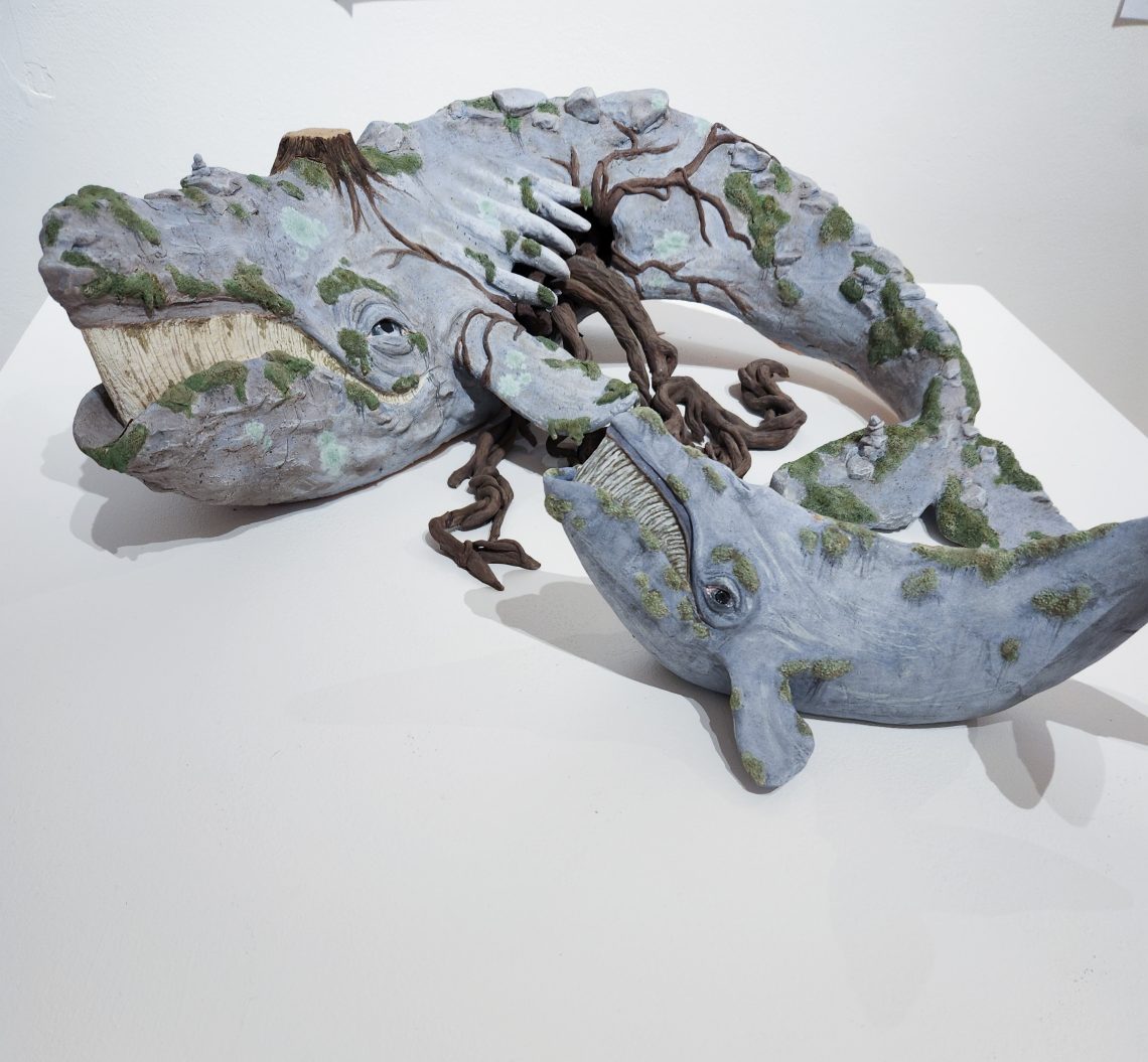Rose DiMuzio "The Whale Rock," 2023. Underglaze on stoneware 26 x 16 in.

"Reborn," 2023. 12 x 6in Underglaze on stoneware. Part of the "2023 Bachelor of Fine Arts and Bachelor of Arts Exhibition," University of Southern Maine Art Gallery.
