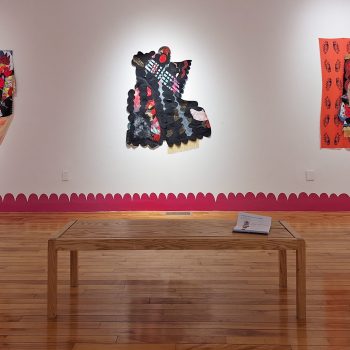 Installation view, "Embodying Softness/Excavating Delight," 2023. University of Southern Maine Art Gallery, Gorham, Maine. Left to right: Jackie Milad, She Goes Ancient 1, 2023. Mixed media collage on canvas, 52 1/2 x 38 1/2 in. Jackie Milad, She Goes Ancient 2, 2023. Mixed media collage on canvas, 53 x 42 in. Jackie Milad, She Goes Ancient 3, 2023. Mixed media collage on canvas, 56 x 34 1/2 in.