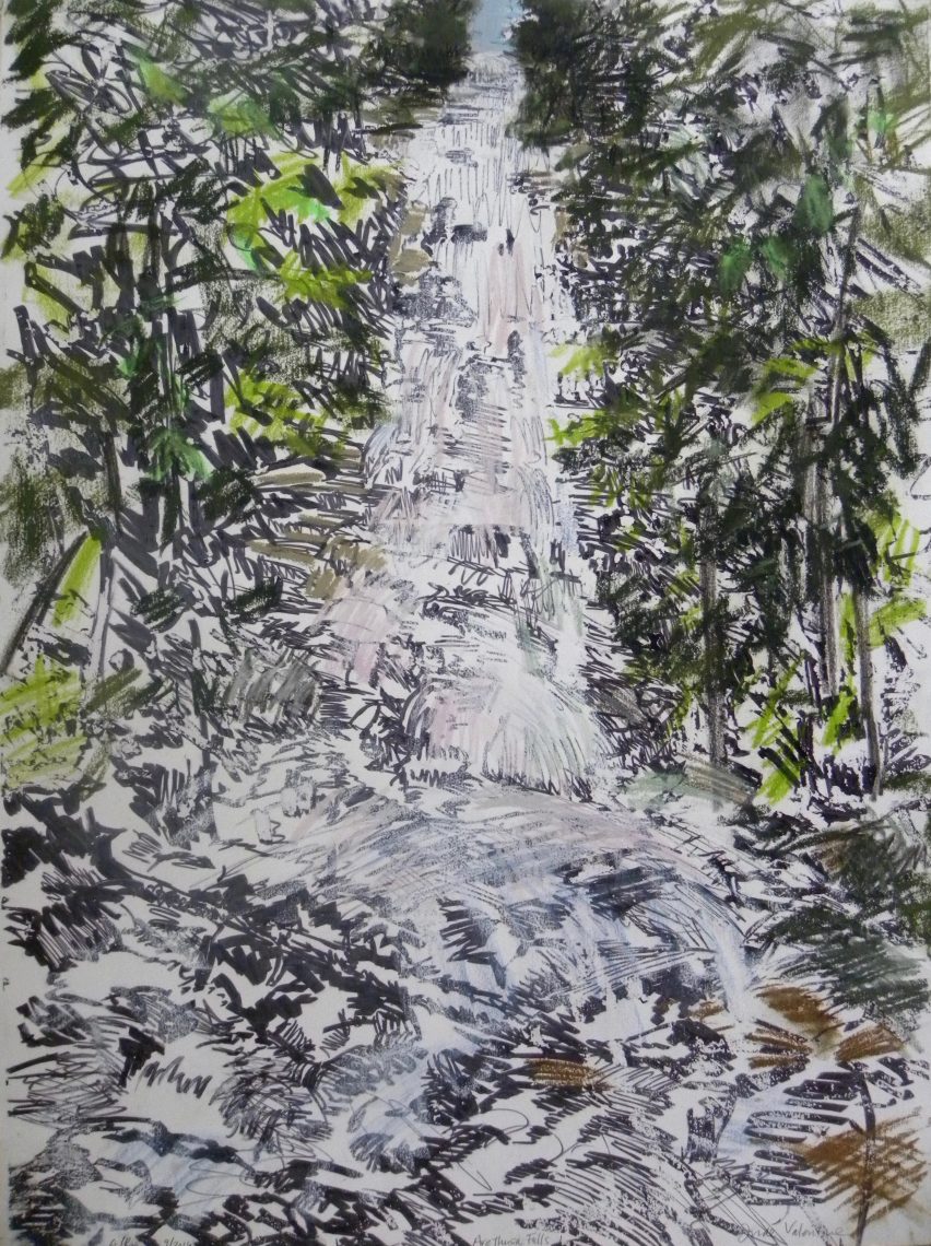 Jude Valentine, "Arethusa Falls, NH," 2017. Transfer monoprint with pastel, 22 x 30 in. Part of "(t)here but not: The 2024 University of Southern Maine Art Department Show" at the University of Southern Maine Art Gallery.