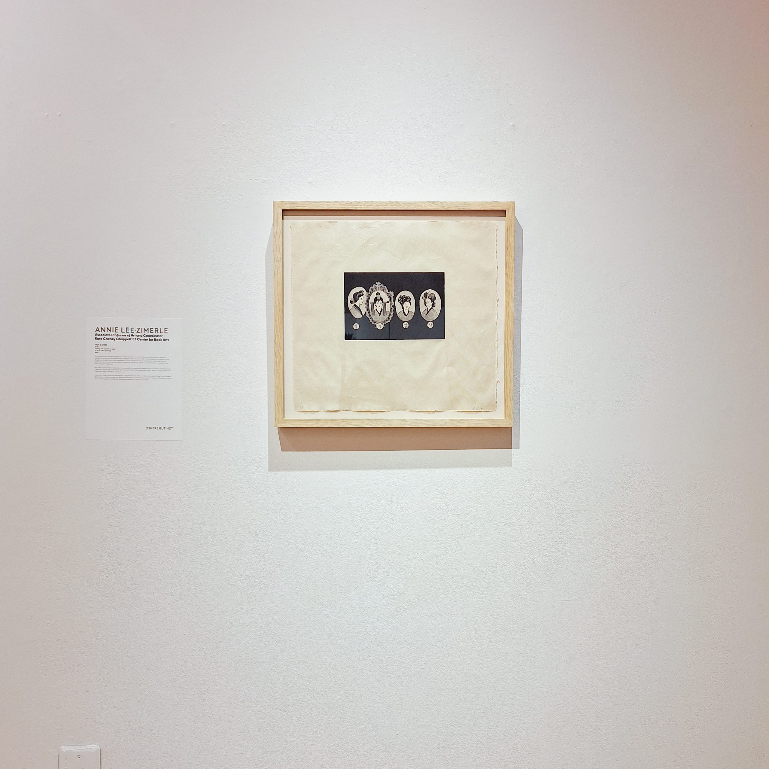 Annie Lee-Zimerle, "Pick a Bride," 2018. Etching and aquatint on paper, 21 x 19 3/4 in. (framed). Part of "(T)HERE BUT NOT: The 2024 University of Southern Maine Art Department Exhibition," Installation view, 2024. University of Southern Maine Art Gallery.