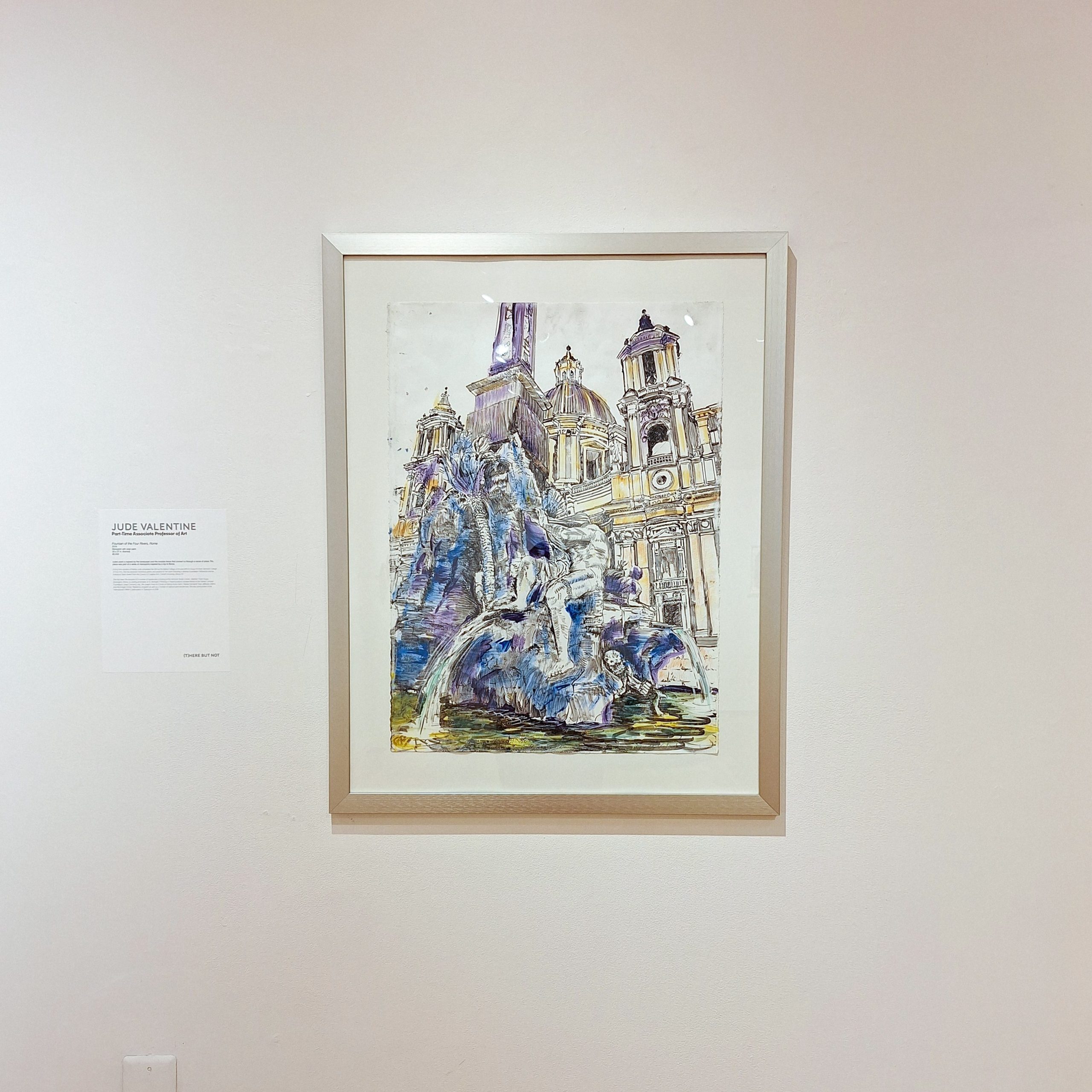 Jude Valentine, "Fountain of the Four Rivers, Rome," 2018. Monoprint with solar paint, 35 x 27 in. (framed). Part of "(T)HERE BUT NOT: The 2024 University of Southern Maine Art Department Exhibition," Installation view, 2024. University of Southern Maine Art Gallery.