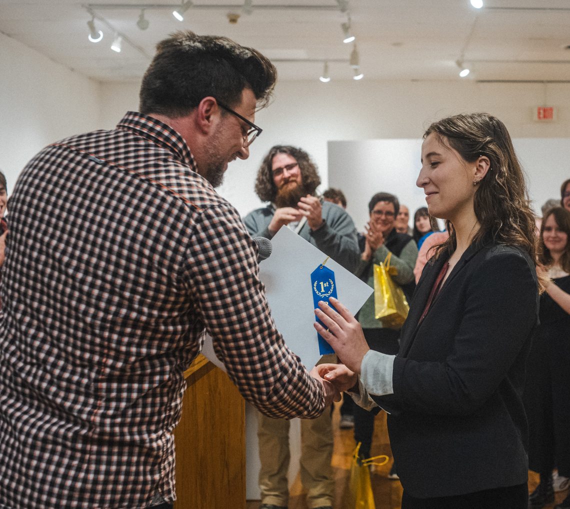Rose Dimuzio Receiving 1st prize winner i University of Southern Maine's 2024 Juried Show exhibition.