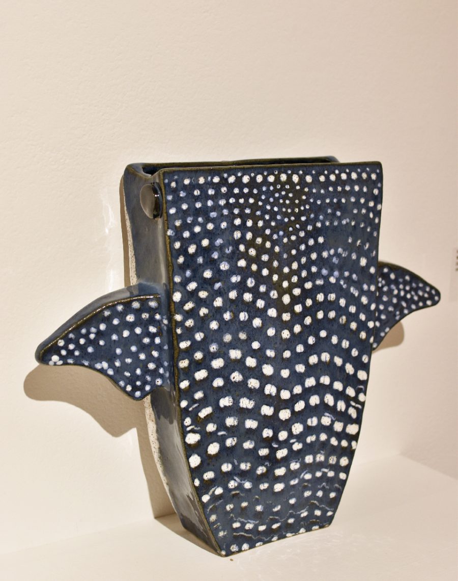 Madeline Twombly-Wiser, “Whale Shark”, 2023, stoneware with glaze, 13 1/2 in. wide x 11 in. high x 3 1/4 in. deep
