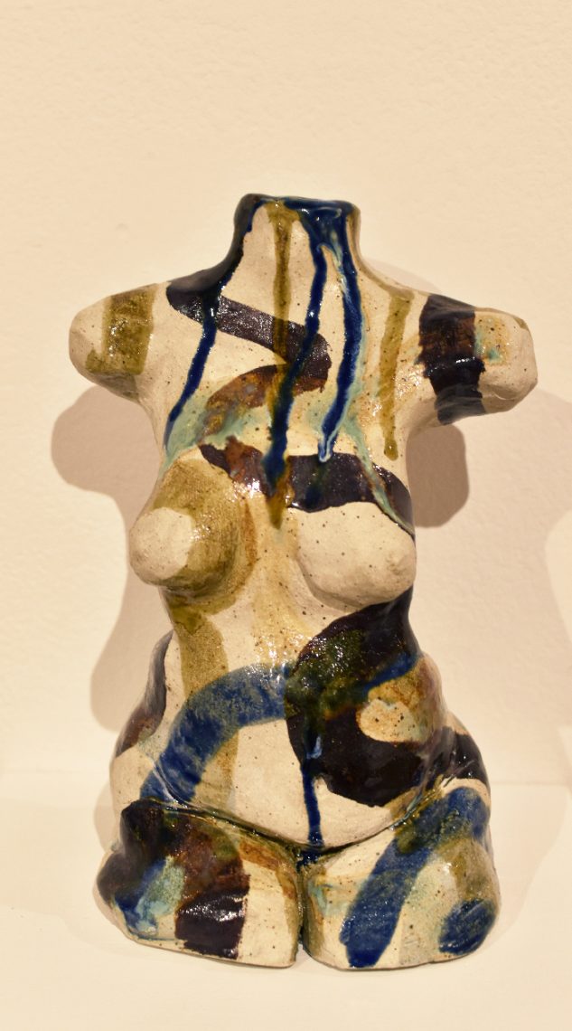 Clare Colburn, “La Femme”, 2023, Cone 6 stoneware, various colored glazes, 5 in. wide x 10 in. high x 3 in. deep
