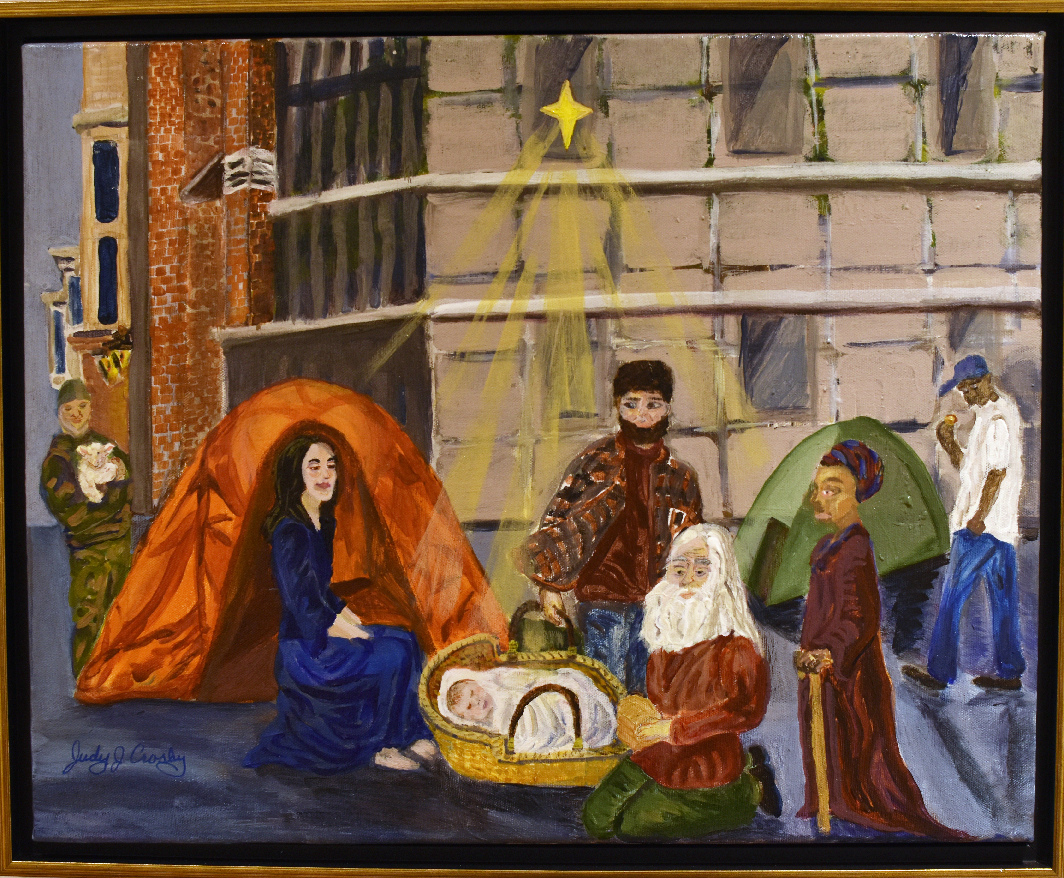 Judy Jacobs Crosby, “No Room at the Inn, Portland Nativity”, 2023, Acrylic on Canvas, 20 x 16 in,
