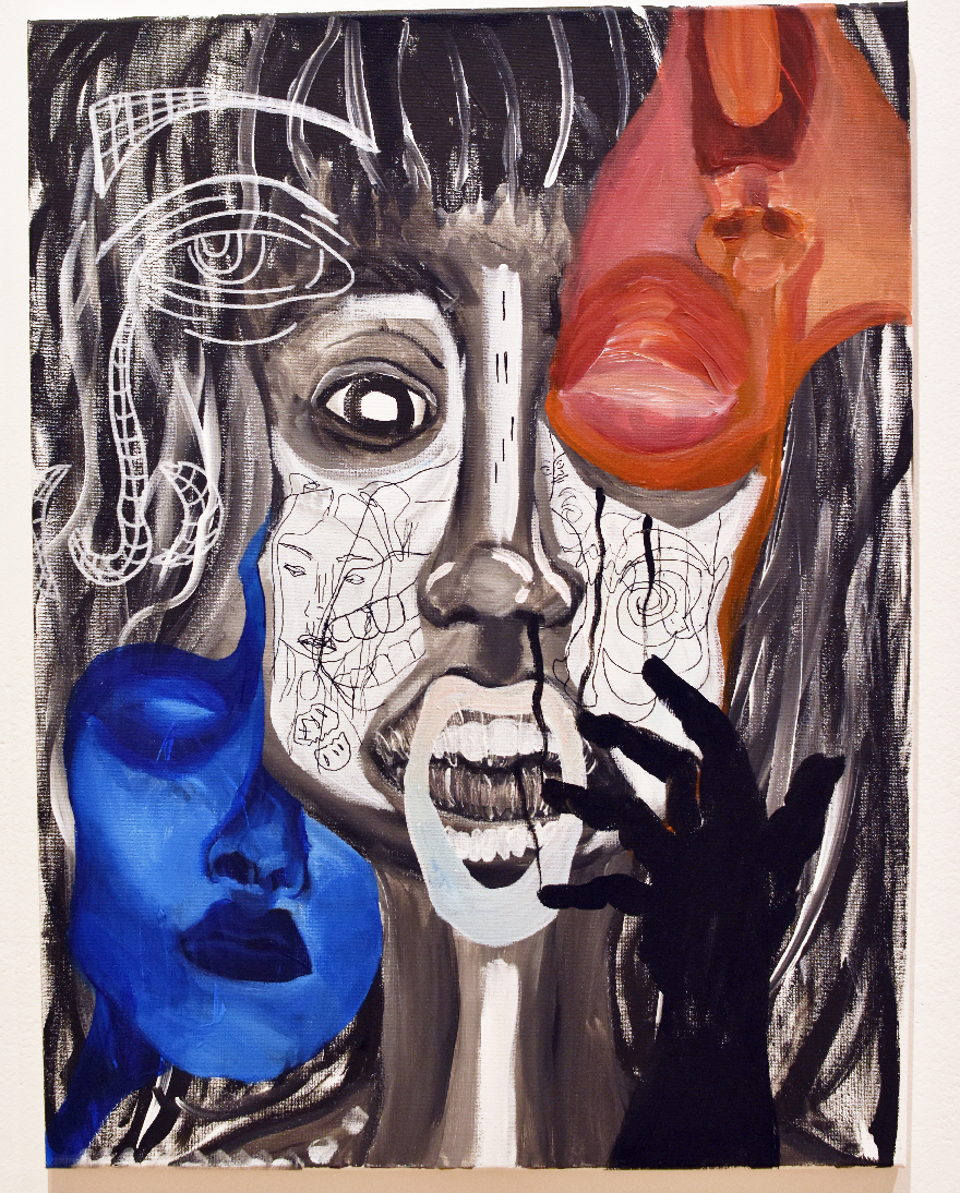 Lindsay Brackett, “Introspective disparity”, 2024, Acrylic paint, paint markers on canvas, 18x24 in.
