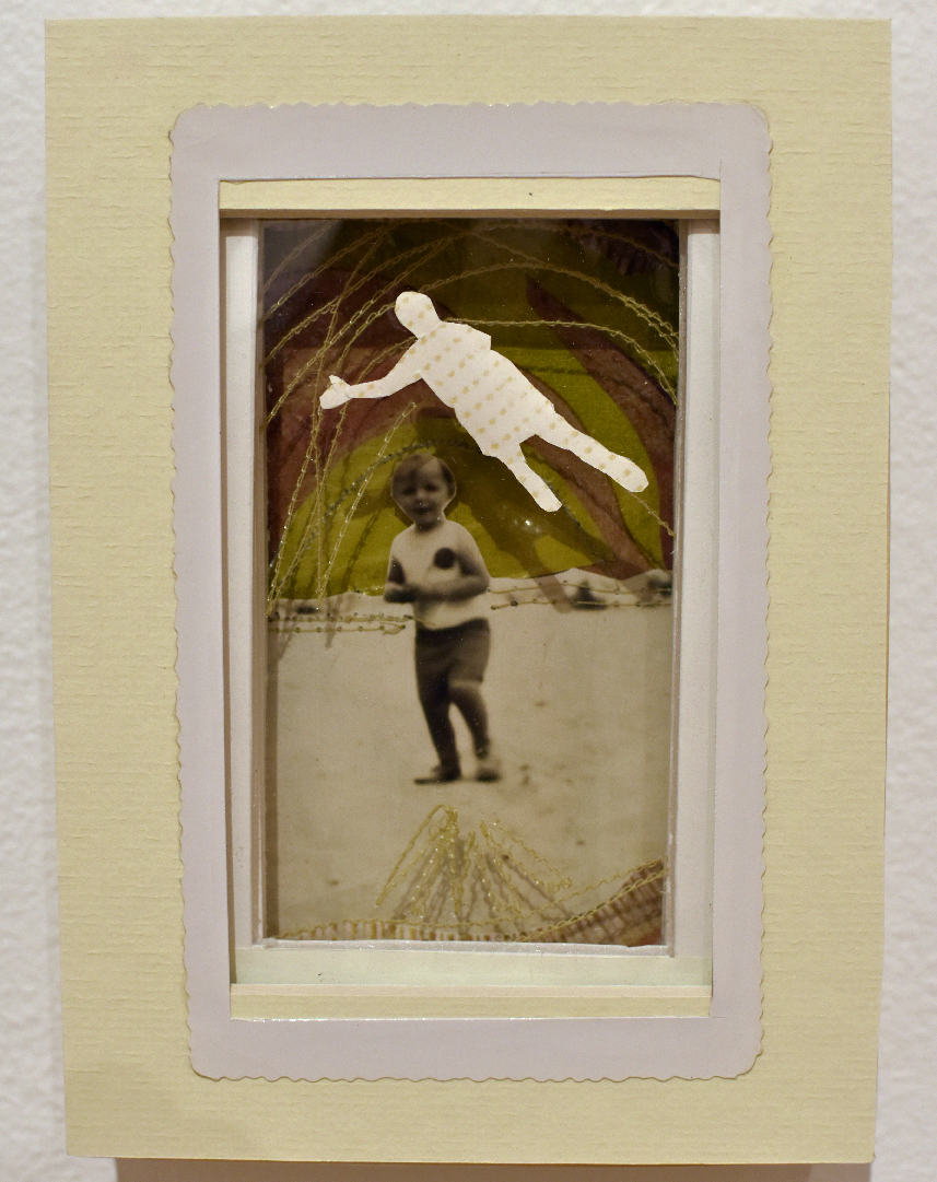 Christina Ann White, “Untitled #1”, 2023, Mixed papers, acetate, thread, photograph, 5"w x 7"h x 1.5"d. Honorable Mention and Casco Bay Frames gift card winner.