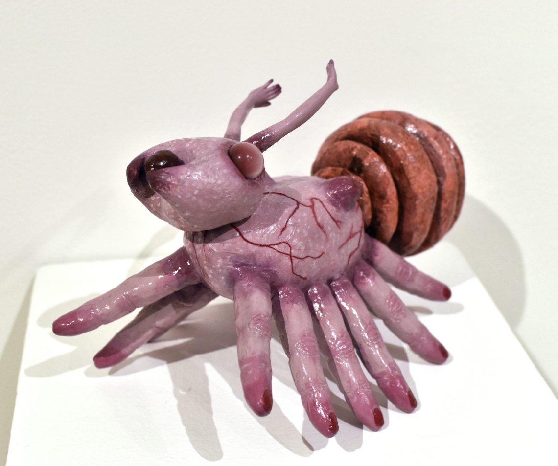 Eliza Fowler, “Bug Off”, 2023, Acrylic paint, paper mache, plaster, wood, glass, plastic, yarn, 6 in. wide x 6 in. high x 10 in. deep
