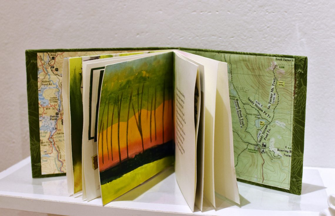 Danna Wiggins, “Doubletop”, 2023, Book Art, hand-drawn, stitched, and assembled with watercolor, and gelli prints, 15 x 6 1/2 in. when open. Pick up and open freely

