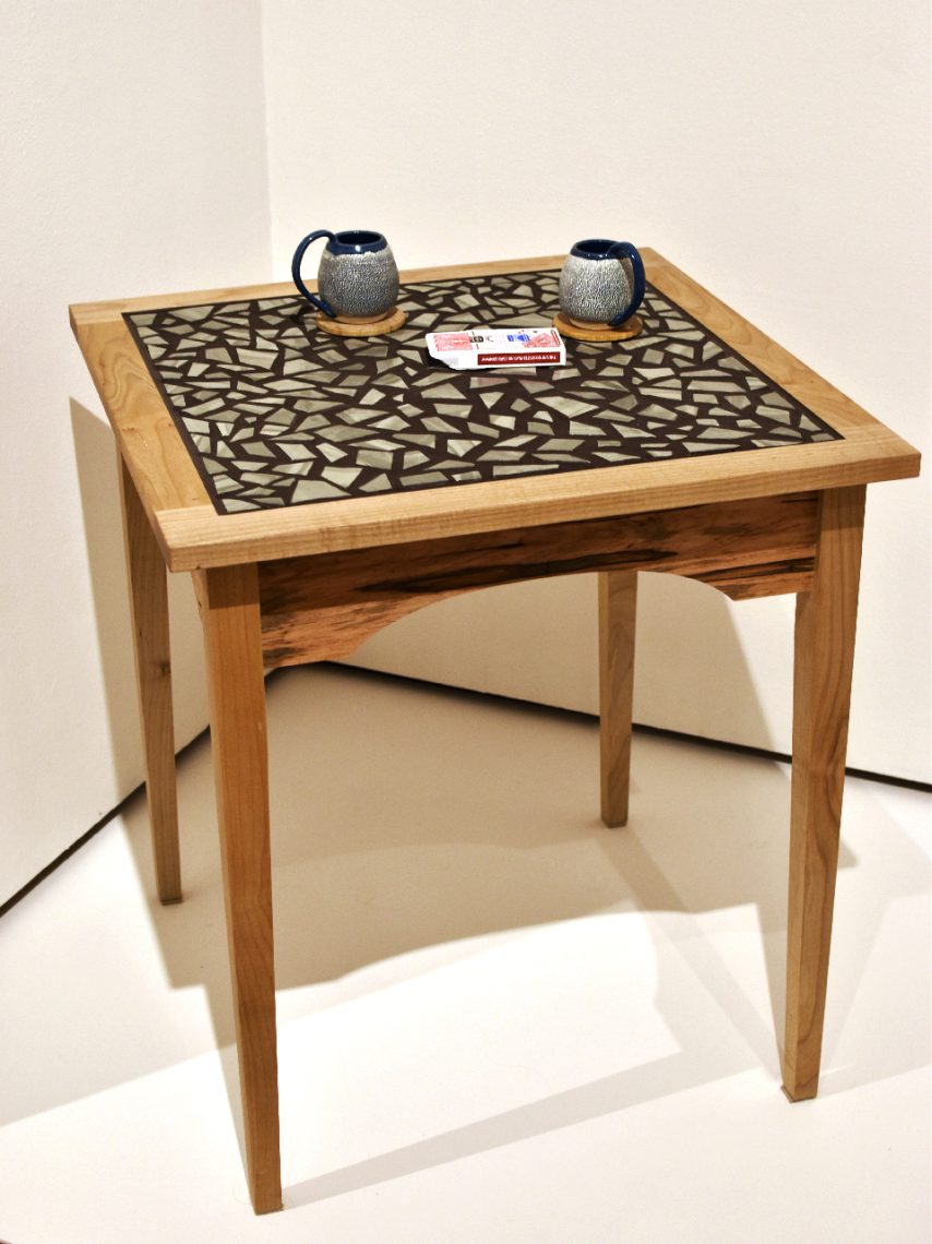 Anna Smith, “Card Game Coffee Date”, 2023, Soft maple, ambrosia maple, ceramic, oak, 26 1/2 in. wide x 29 in. high x 26 1/2 in. deep
