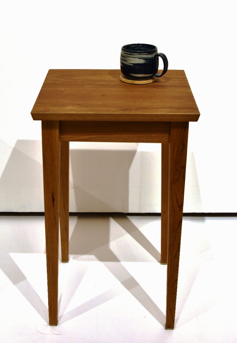 Anna Smith, “Cherry Side Table”, 2023, Cherry wood, ceramic, oak wood, 14 in. wide x 23 in. high x 14 in. deep
