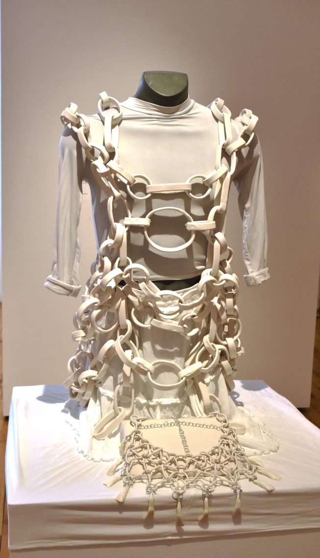 IZ Johnson, SHARING SACRED SILENCE, 2024, 
HIDDEN, 2024, Face Chainmail, Ceramic, nickel, bison teeth
CYCLES, 2024, Body Chainmail, ceramic view 1
