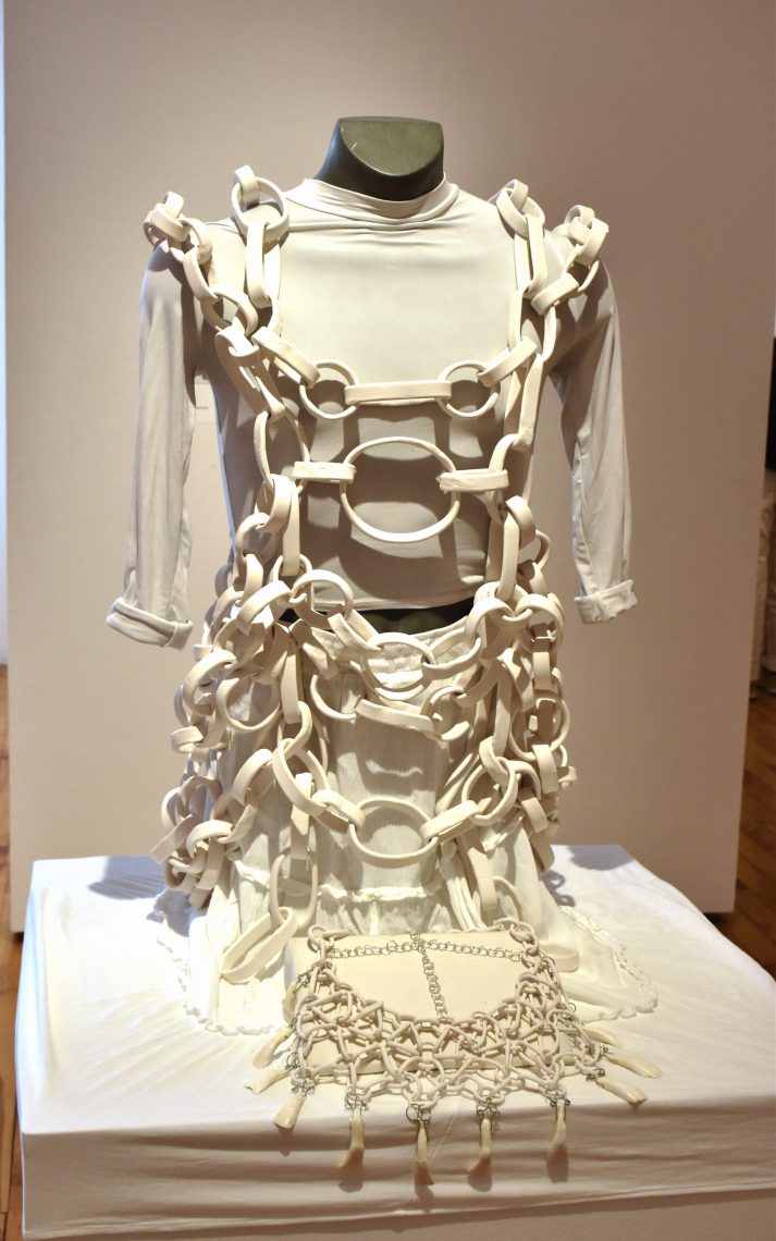 IZ Johnson, SHARING SACRED SILENCE, 2024, 
HIDDEN, 2024, Face Chainmail, Ceramic, nickel, bison teeth
CYCLES, 2024, Body Chainmail, ceramic view 2