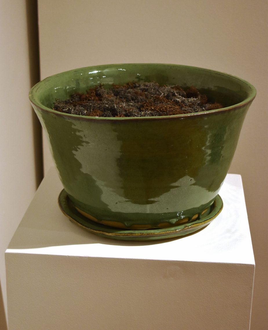 Isabella Deep, Planter 4, 2024, Tan stoneware, glaze, 7k gold luster, 8 x 10 x 8 in.
