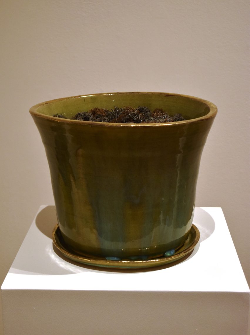 Isabella Deep, Planter 1, 2024, Tan stoneware, glaze, 7k gold luster, 8 x 10 x 8 in.