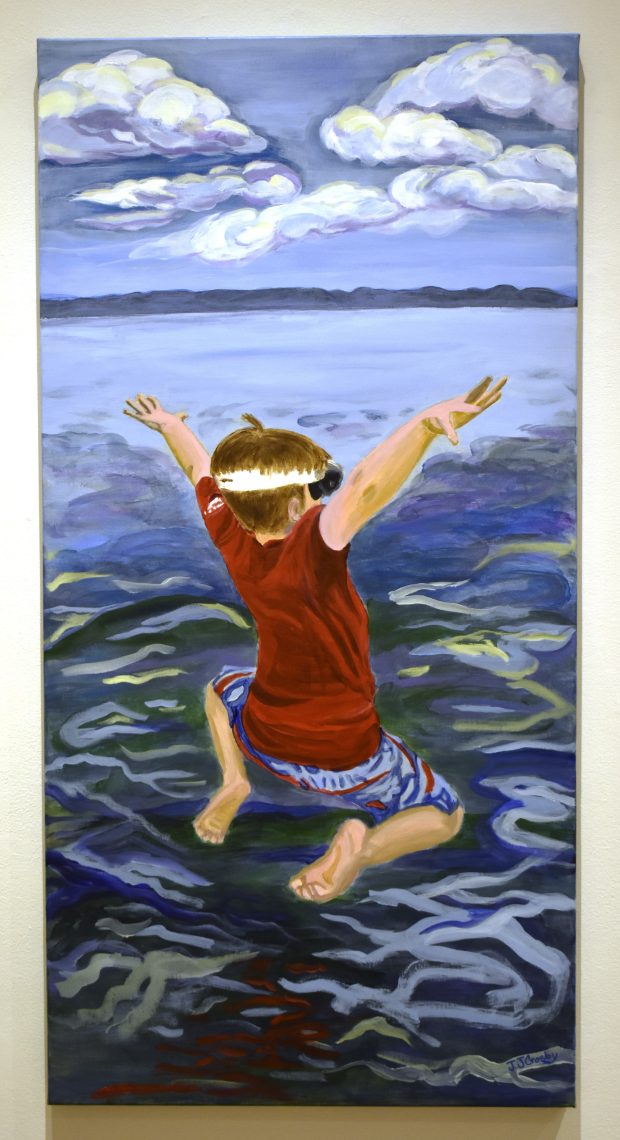 Judy Crosby, Leaping into Summer, 2023, Acrylic on Canvas, 4 ft. x 2 ft.
