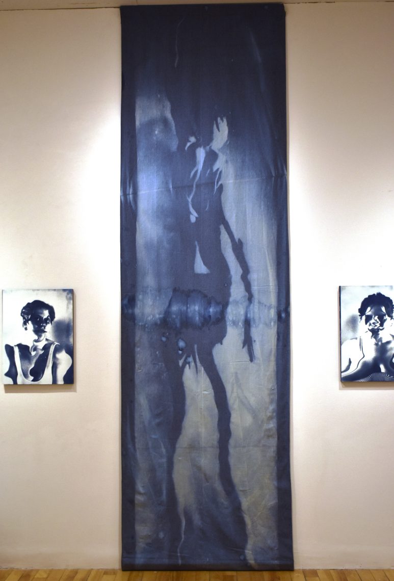 Laura Chavoustie, Untitled #1, 2024, Cyanotype on Canvas, 12 ft. x 4 ft.