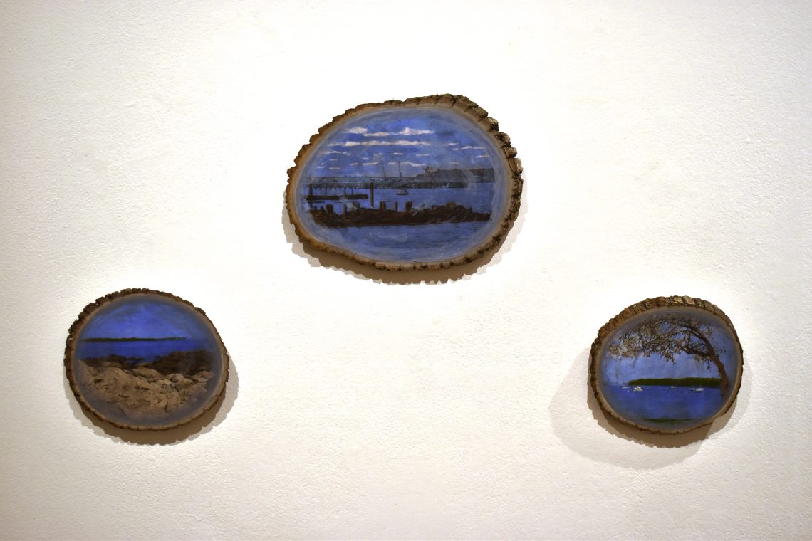 Tabtiha Burgess, Collective Memories 2, 1-3, 2024, Image Transfer and Acrylic Paint on Pine wood slice