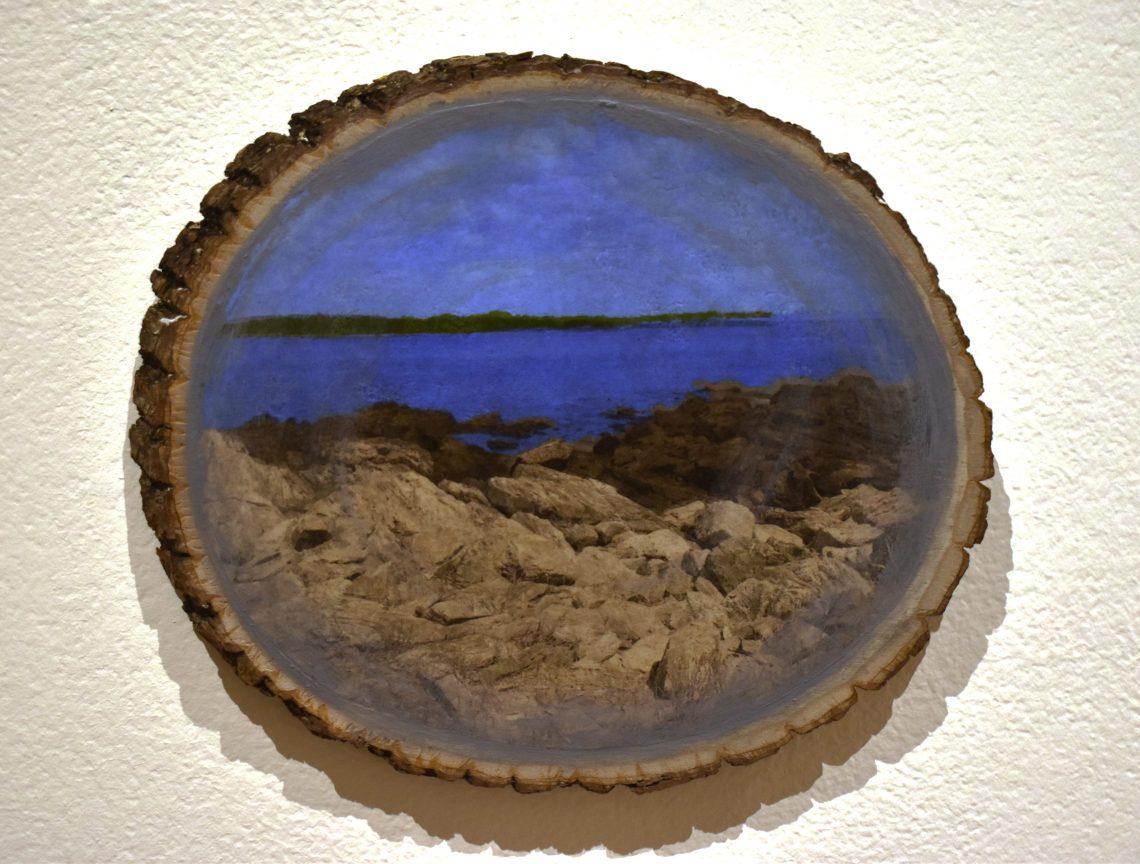 Tabitha Burgess, Collective Memories 2, 2024, Image Transfer and Acrylic Paint on Pine Wood Slice, 7 x 8 x ¾ in.