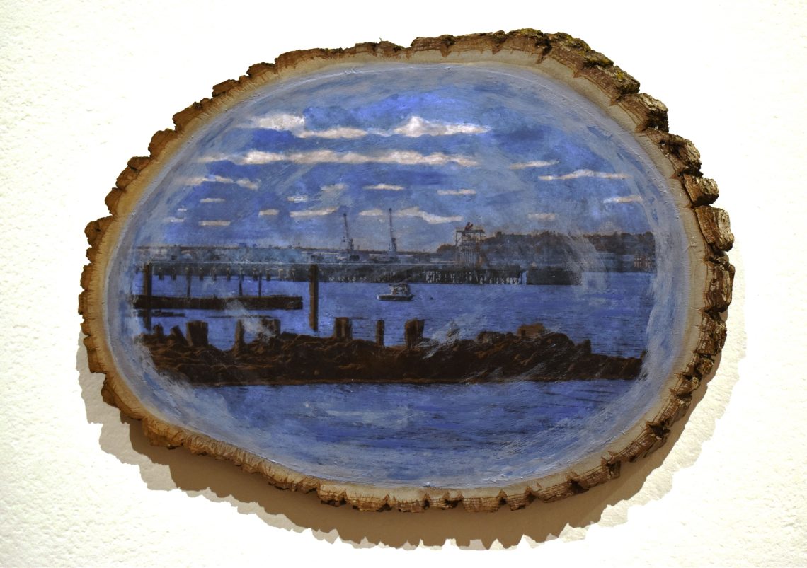 Tabitha Burgess, Collective Memories 2, 2024, Image Transfer and Acrylic Paint on Pine Wood Slice,  7 ¼ x 8 ½ x ¾ in