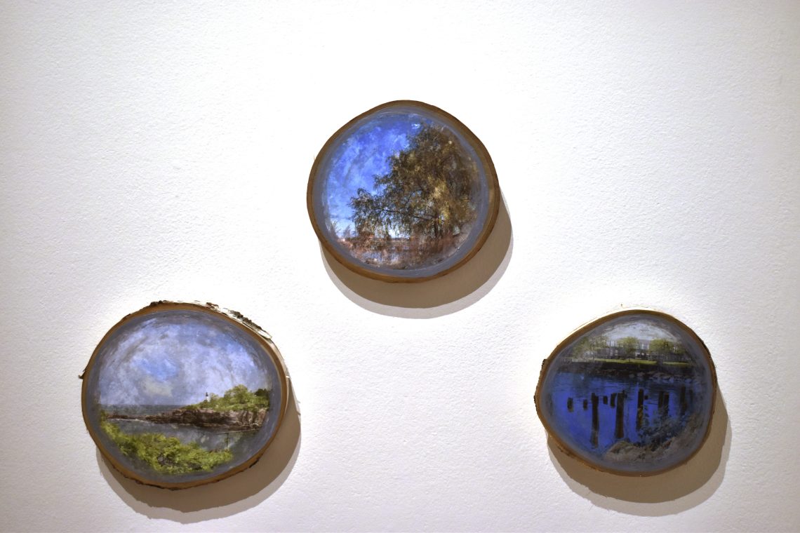 Tabtiha Burgess, Collective Memories 1, 1-3, 2024, Image Transfer and Acrylic Paint on Birch Wood Slice