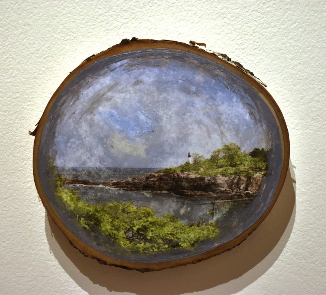 Tabitha Burgess, Collective Memories 1, 2024, Image Transfer and Acrylic Paint on Birch Wood Slice, 7 x 7 ¼ x 1 in.