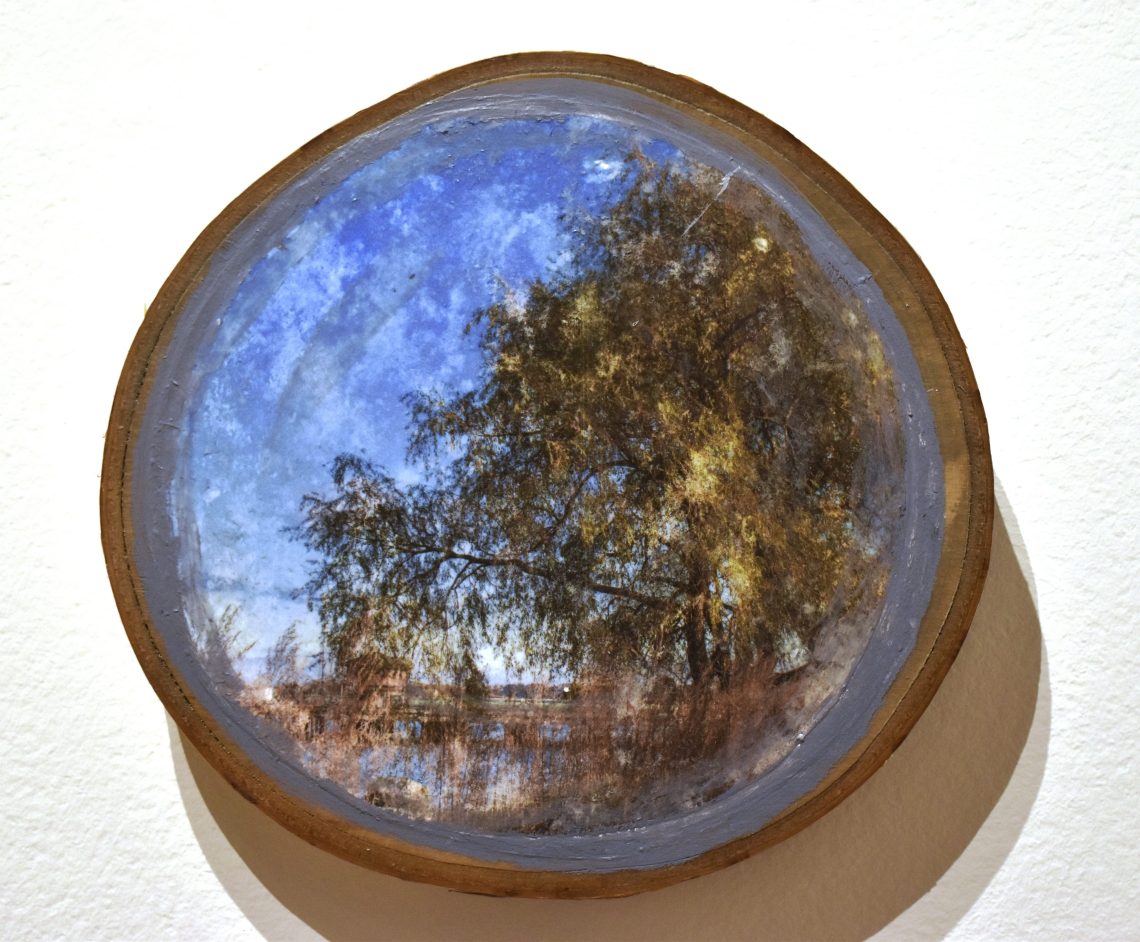 Tabtiha Burgess, Collective Memories 1, 2024, Image Transfer and Acrylic Paint on Birch Wood Slice, 8 x 8 ½ x 1 in.