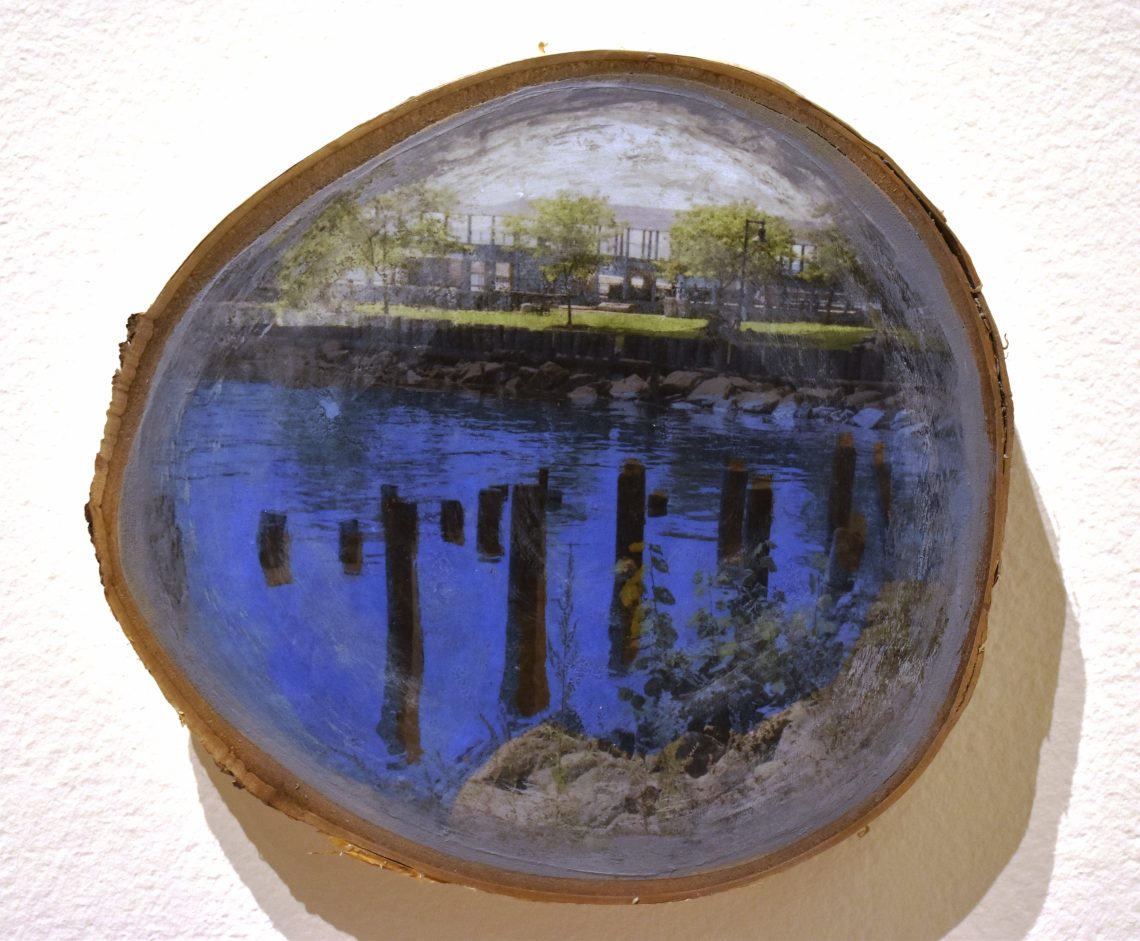 Tabitha Burgess, Collective Memories 1, 2024, Image Transfer and Acrylic Paint on Birch Wood Slice, 7 ½ x 8 x ¾ in.