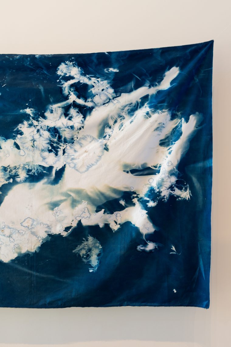 Heather Lyon, "Oceanid (Sibyl) I" (detail), 2025. Cyanotype on cotton, 84 x 60 in.
