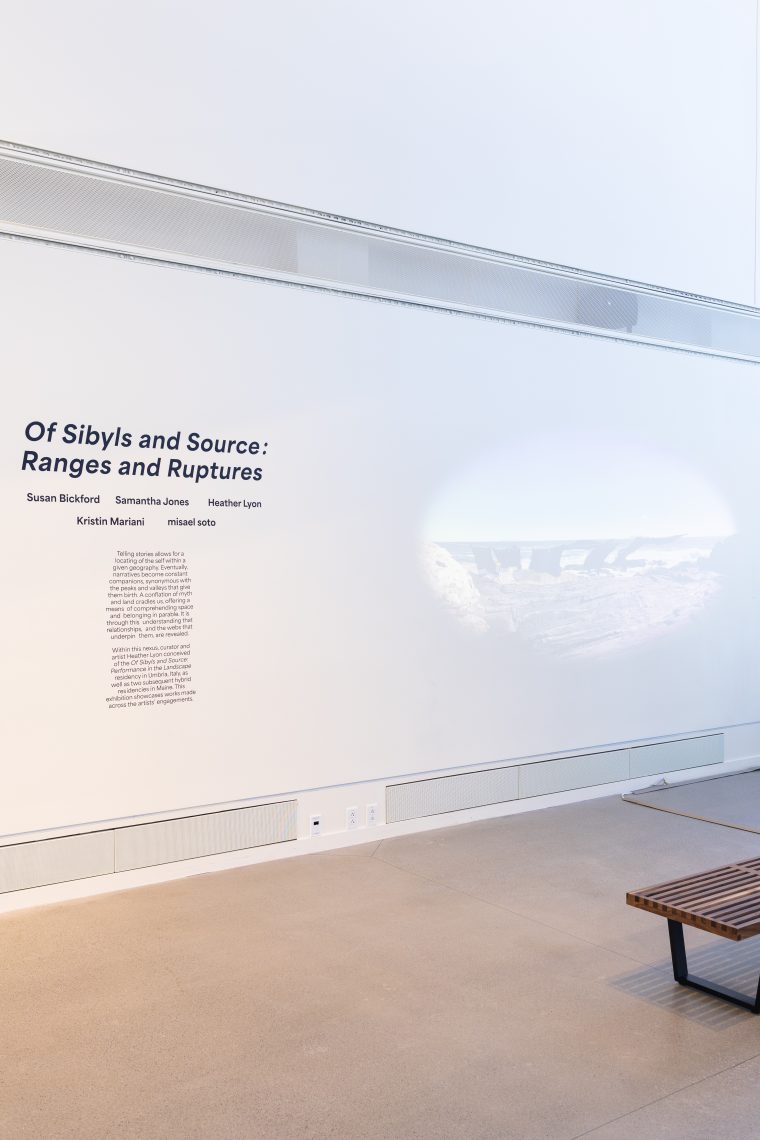 Right: Susan Bickford, "Beloved Surrender," 2024/26. Single-channel video projection; running time: 29 min 32 sec, looped. Videography by Susan Bickford, misael soto and Luke Myers. A collaboration of place and presence with the more than humans we find when we arrive. Part of "Of Sibyls and Source: Ranges and Ruptures," 2026. Crewe Center for the Arts at the University of Southern Maine. Photo: Marion Earley.