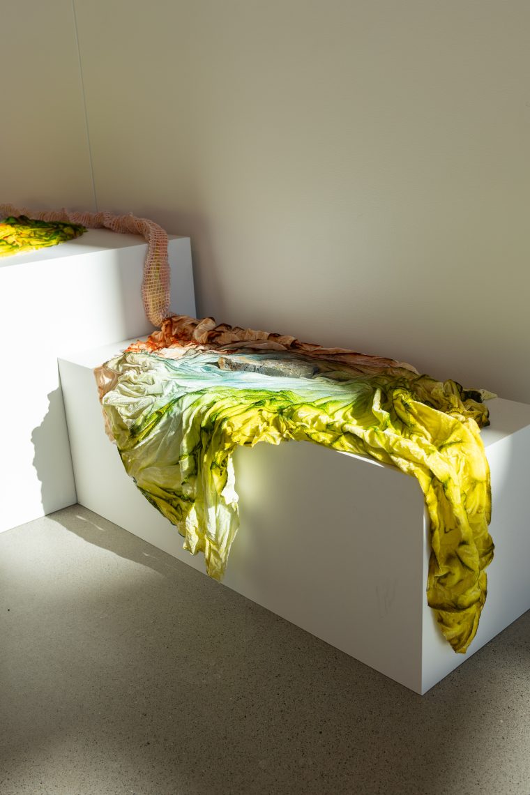 Samantha Jones, "Desideration of Stones," 2026. Stone, hand painted silk velvet; dimensions variable. Part of "Of Sibyls and Source: Ranges and Ruptures," 2026. Crewe Center for the Arts at the University of Southern Maine. Photo: Marion Earley.