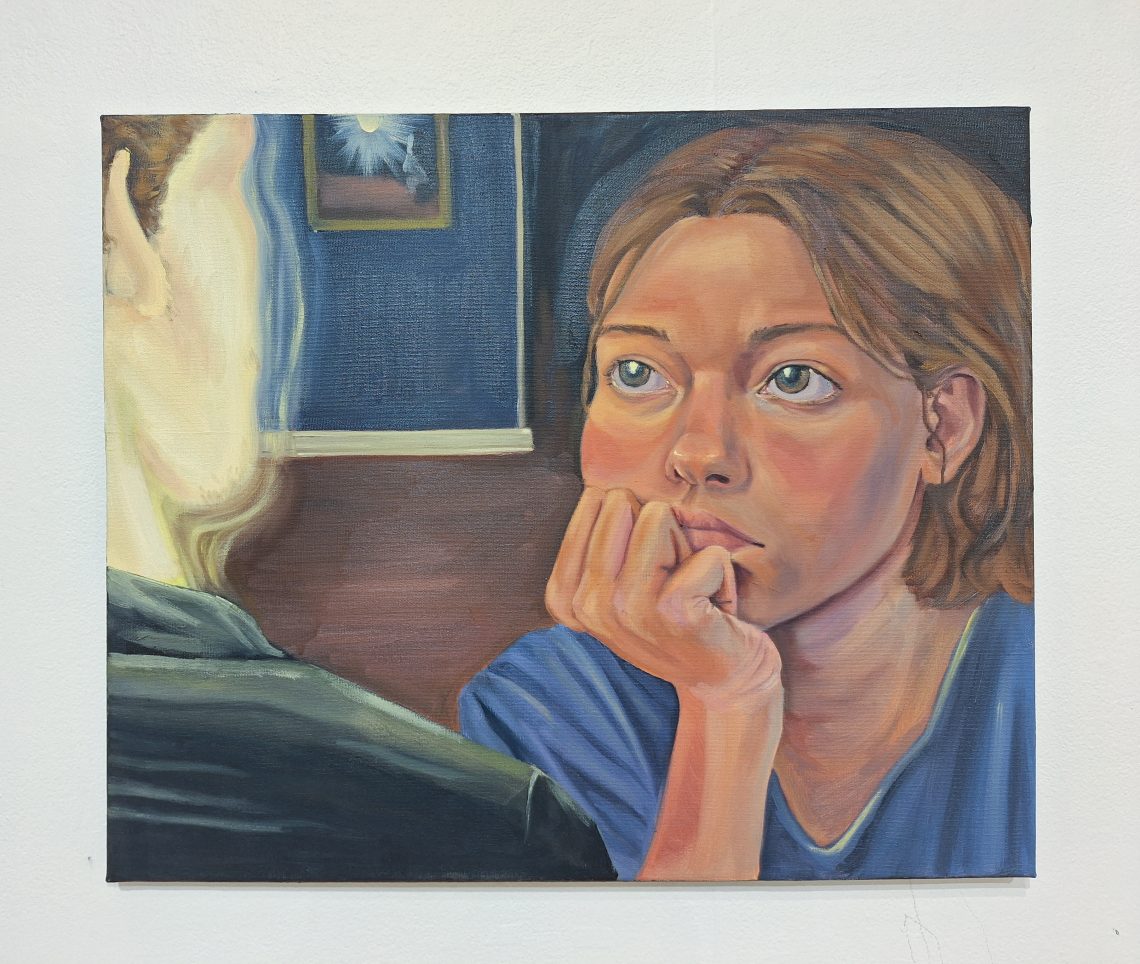 A painting of a woman looking at a man, resting her head on her hand.