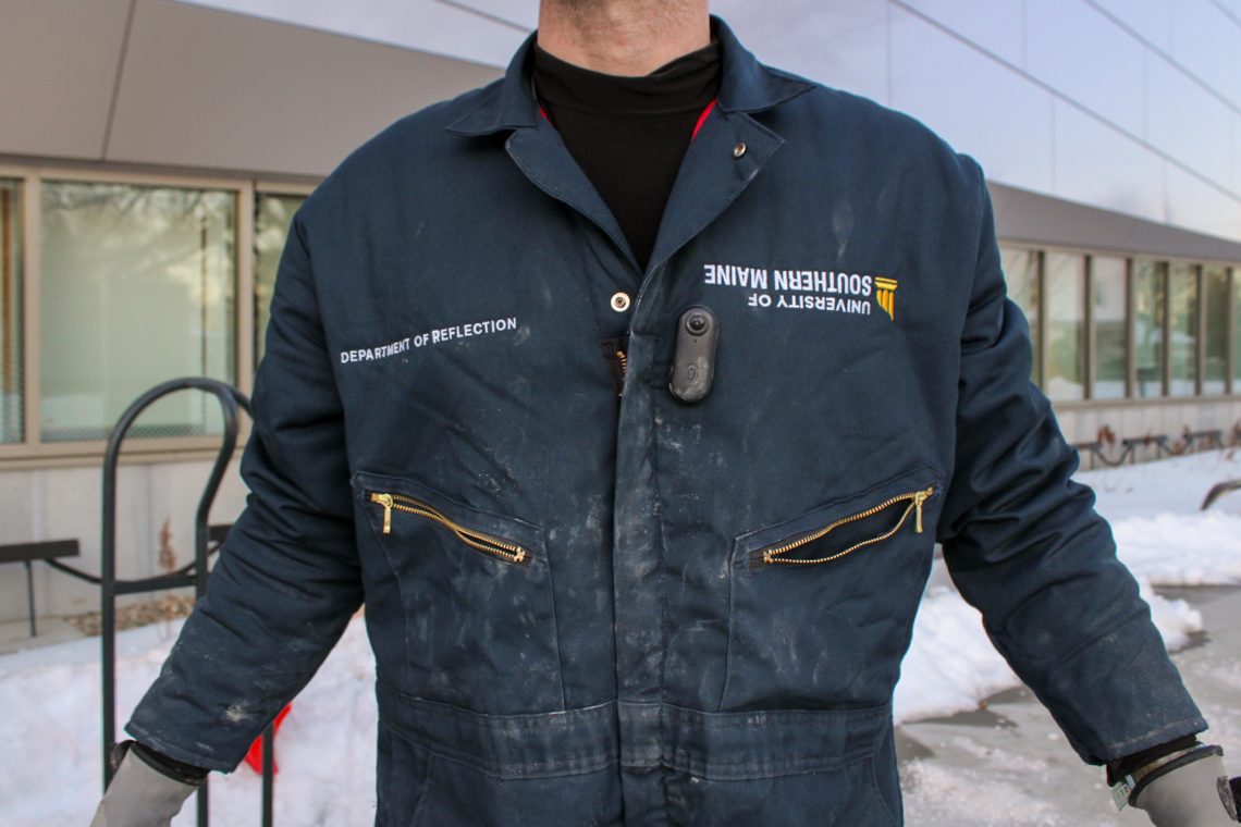 misael soto, (Director, Department of Reflection), "Concrete Pedestal (for USM)," 2026, Concrete and local materials, approx. 4 ft. high x 1 1/2 ft. wide x 1 1/2 ft. deep. Outside performance and temporary installation. Part of "Of Sibyls and Source: Ranges and Ruptures," 2026. Crewe Center for the Arts, University of Southern Maine. Photo: Julia Arredondo.