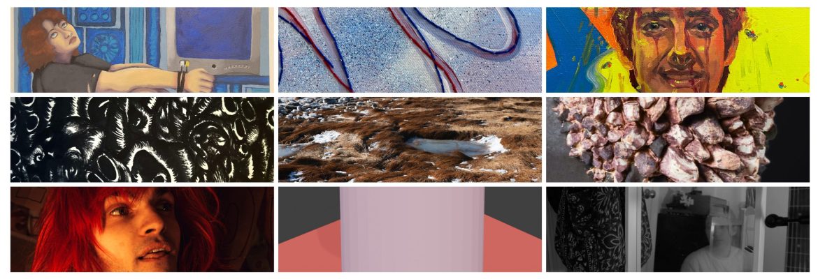 A 3 x 3 grid of details of student artwork