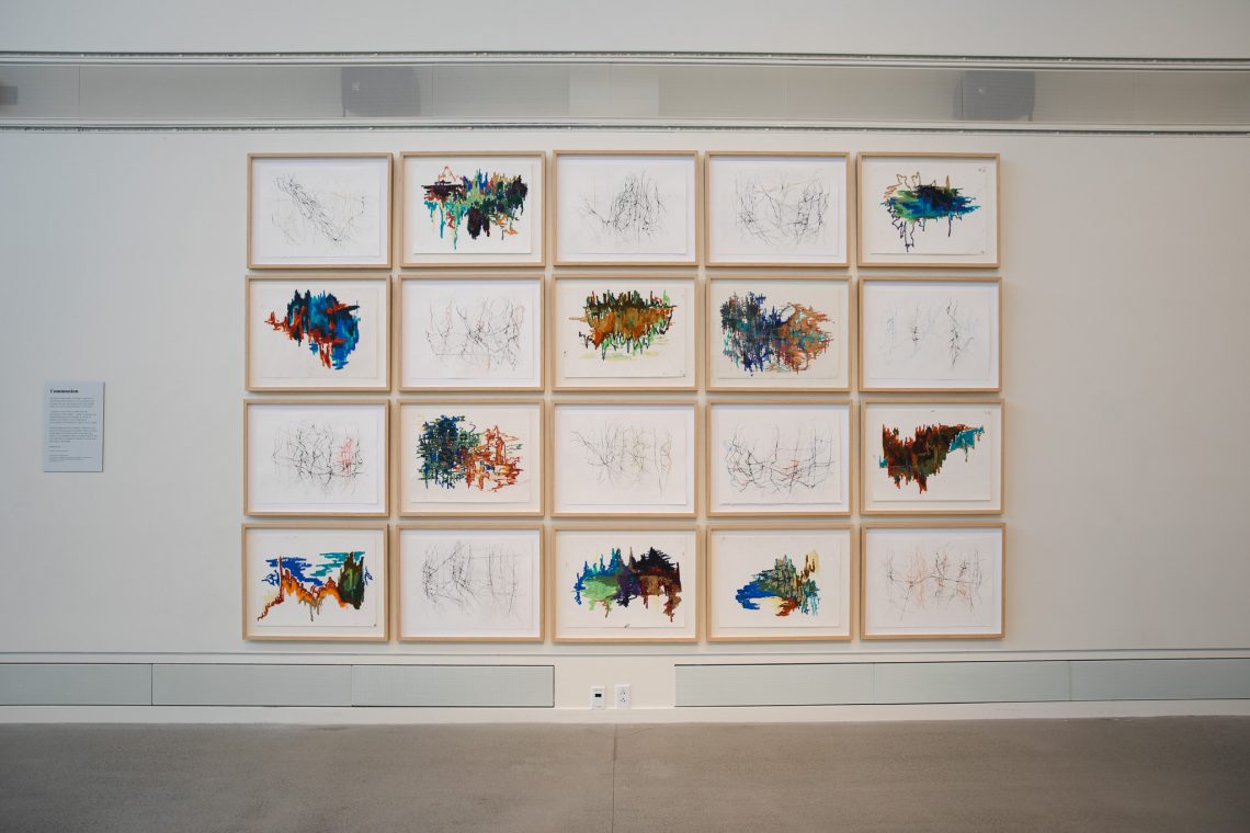 Artwork in the "Communion" series by artists Peter Bruun and Elisif Bruun. Part of the "Even As We Grieve" exhibition, 2026, University of Southern Maine Crewe Center for the Arts Great Hall Gallery. Bruun is the University of Southern Maine Art Gallery 2026 Artist-in-Residence.