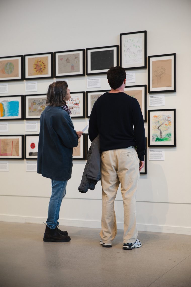 Community artwork in the "Even As We Grieve" exhibition, 2026, University of Southern Maine Crewe Center for the Arts Great Hall Gallery. Workshops with community partners facilitated by 2026 University of Southern Maine Art Gallery 2026 Artist-in-Residence Peter Bruun.