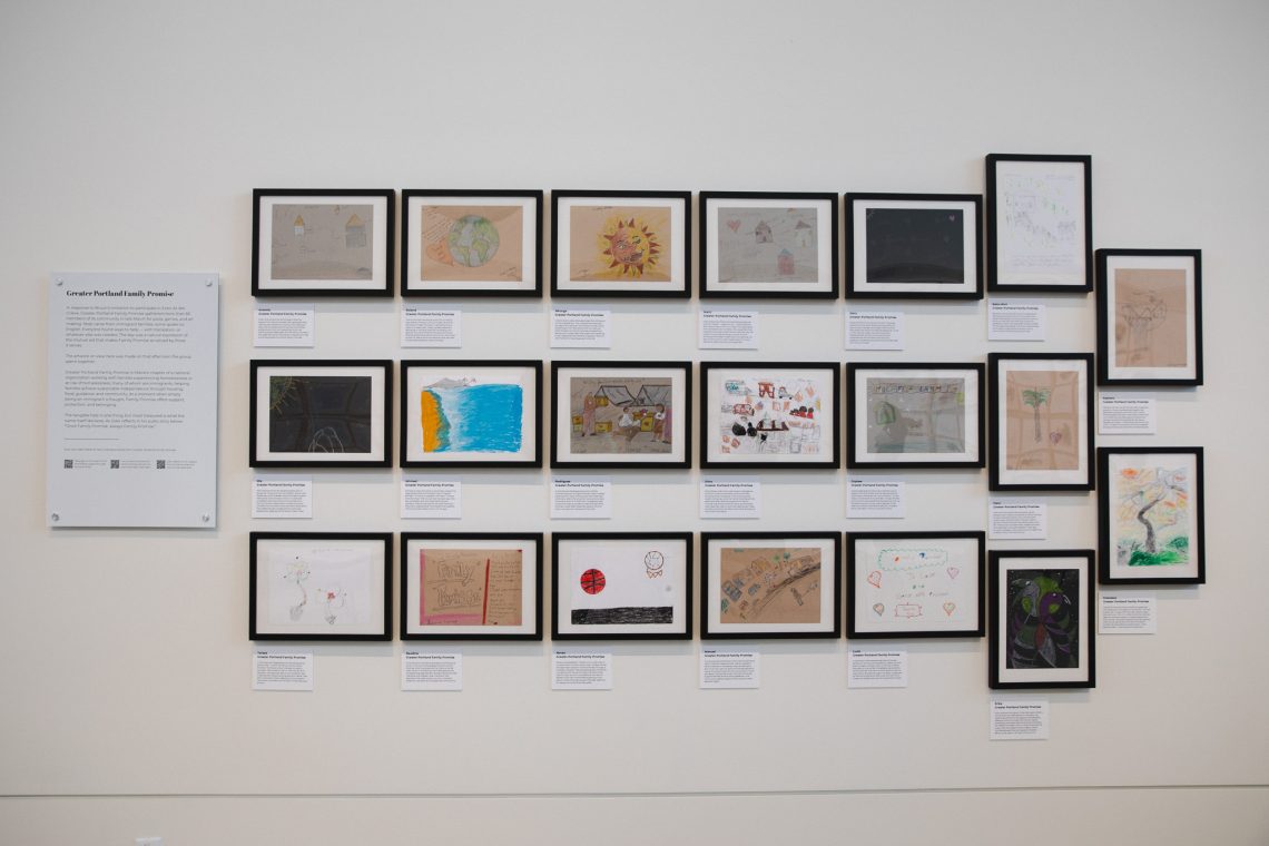 Community artwork by Greater Portland Family Promise in the "Even As We Grieve" exhibition, 2026, University of Southern Maine Crewe Center for the Arts Great Hall Gallery. Workshops with community partners facilitated by 2026 University of Southern Maine Art Gallery 2026 Artist-in-Residence Peter Bruun.