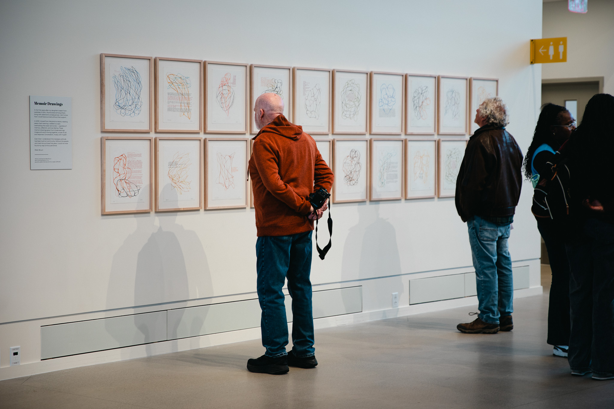 Peter Bruun, "Memoir" (series detail), 2019–21. 20 works of pastel, ink, and charcoal on paper; 15 x 11 in. ea. (unframed). Part of the "Even As We Grieve" exhibition, 2026, University of Southern Maine Crewe Center for the Arts Great Hall Gallery. Bruun is the University of Southern Maine Art Gallery 2026 Artist-in-Residence.
