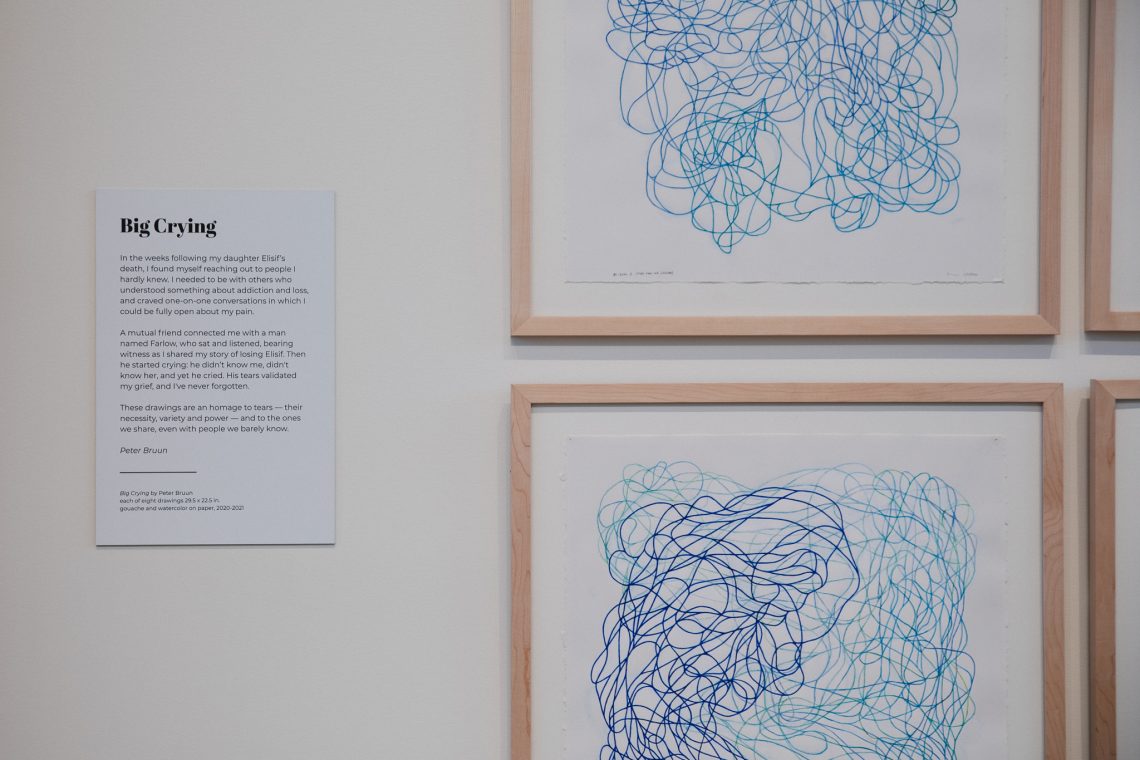 Peter Bruun, "Big Crying" (series, detail), 2020. 8 works of watercolor and gouache on paper; 29 ½ x 22 ½ in. ea. (unframed). Part of the "Even As We Grieve" exhibition, 2026, University of Southern Maine Crewe Center for the Arts Great Hall Gallery. Bruun is the University of Southern Maine Art Gallery 2026 Artist-in-Residence.